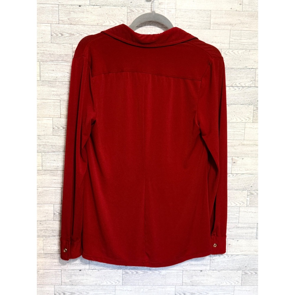 Kasper Womens Red Long Sleeve Button Down Shirt Size L Chest Pockets Stretch - Picture 7 of 8